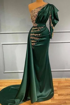 Esmeralda De Cetim Verde De Um Ombro Vestido De Noite Longo Apliques Ruched As Mulheres De Luxo Casamento, Baile, Festa Formal Vestidos De Vestidos 2022