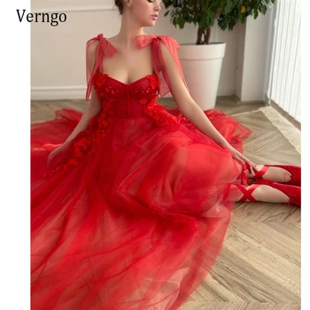 Verngo 2021 de Tule Vermelho Uma Linha de Vestidos de Baile Com Bowknot Tierd Alças Querida Esferas de Flores em 3D Vestidos de Noite Com Bolsos