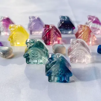 1pc Aleatório Natural do arco-íris Fluorite Mini Esculturas Bonito Casa de Cristal de Cura de Pedra de Artesanato DIY Estatueta para Casa Decoração do Quarto