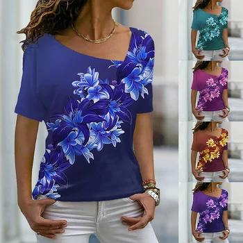 2022 Verão as Mulheres Elegantes do Tema Floral Impressos em 3D Pintura de Camisetas de Gola V Feminina Solte Pulôver de grandes dimensões Novo Design Tops