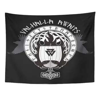 Indiana Tapeçaria Azul, Barco, Navio de guerra dos Vikings Drakkar No Fogo e os Nórdicos Runas Preto Guerreiro Bandeira de Decoração de Casa de Tapeçarias
