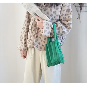 Tricô Plissado Sacos De Retalhos De Drawstring Sacos De Compras Meninas Casual Tecer Saco De Ombro Coreano Japonês Chique Bolsa Pequena