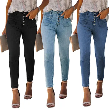 2021 Chegada Nova Roupa Das Mulheres Angustiado Jeans Mulheres De Cintura Alta Botão De Voar Jeans Skinny Jeans Calças De Senhoras