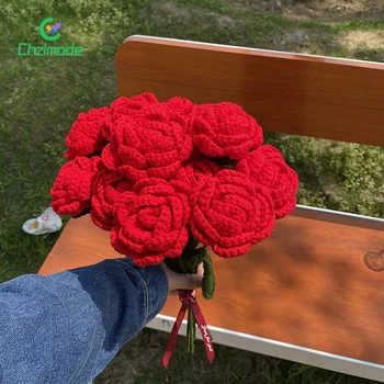 1PC DIY Trançado Artificial Rosa Flor Artesanal de Malha de Rosas Vermelhas Presente do Dia dos Namorados Imitação de Flores para a Festa de Casamento Decoração