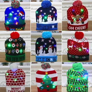 Chapéus de natal Camisola de Santa Elk Chapéu de Gorro de Malha Com Luz LED Até desenhos animados Patteren Para Crianças de Ano Novo Suprimentos Presente de Natal