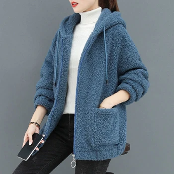 outono e inverno das Mulheres casacos de moda casual artificial cordeiro casaco de lã de costura com capuz zíper senhoras coreano casaco mulheres 2022