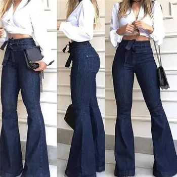 Vintage Jeans Flare Pants Mulheres do Vintage Denim das Senhoras Jeans Skinny de Cintura Alta Moda Trecho Bolso de Calças de Perna Larga Jeans 2XL