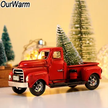OurWarm caminhonete Vermelha Decoração de Natal Artesanal de Casa Figurinhas & Miniaturas Velho Clássico Metal Caminhão 17x7.5x8cm