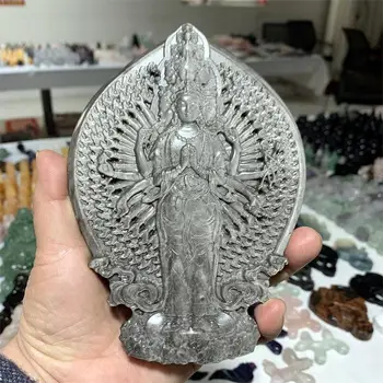 Natural De Prata Da Obsidiana Avalokitesv Estatueta Mão Esculpida Enfeites De Cristal Polido Reiki Cura Pedras Preciosas Para A Casa De Presente