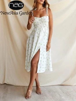 NewAsia estampa Floral, Vestido de Corte de Divisão de Espaguete fita para Amarrar Uma Linha de Cintura Alta com Zíper Midi Branco Vestido de Mulher de Festa Doce Manto