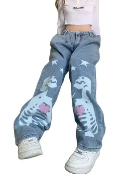 Mulheres Crânio Dos Desenhos Animados De Impressão Bolso Jeans Reta Calças Azul-Claro Senhora Gótico Rua Longa Jeans Outono Coreano Roupas Da Moda
