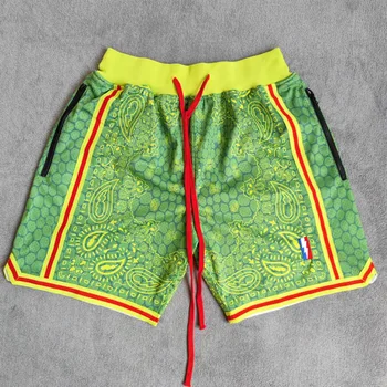 MM MASMIG Los Angeles Estilo Verde Paisley Impresso Basketball Shorts com Bolsos de Zíper Bryant e LeBron Street Wear Calças de Treinamento