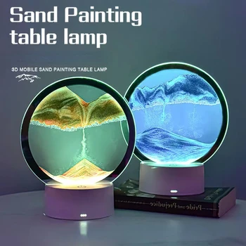 3D colorido areia em movimento de cena areia movediça pintura, mover ampulheta lâmpada de mesa LED, lâmpada de descompressão da decoração da arte.