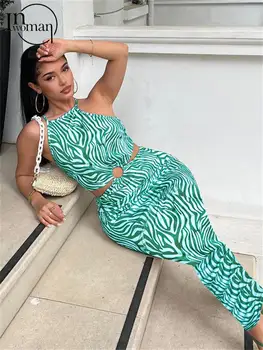 Inwoman Verão Sexy Verde Zebra Listrada Maxi Vestidos Para Mulheres 2022 Halter Sem Encosto Ocos Longo Vestido Feminino Bodycon Vestido