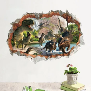 Quebrado buraco cartaz Jurassic Park Dinossauros Adesivos de Parede Decoração Sala Quarto Piso Decalque Mural Removível de Material de PVC