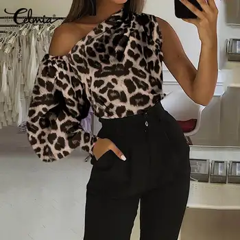 S - Mulheres Blusas Moda Tops Celmia Sexy Um Ombro Leopard Impresso Camisa Casual Longa Lanterna Manga Office Blusas 7