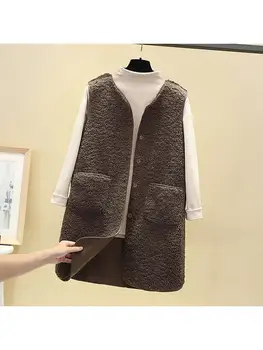 O coreano Cordeiro de Lã Longo de Mulheres Colete de Inverno, V-pescoço Único Breasted Bolso de Peles de integração Colete Casaco