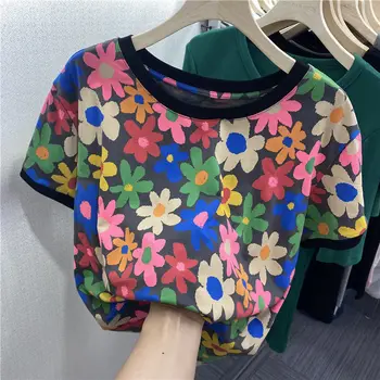 2022 Nova Coreano Moda De Verão, Moda Casual Círculo De Gola Impressão Personalidade Retro Tendência De Manga Curta T-Shirt Das Mulheres De Camisola