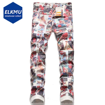Impresso de Moda de Calças Jeans 2022 Nova Europa, América do Streetwear Hip Hop Calças Jeans para Homens Harajuku Magro Calças Jeans