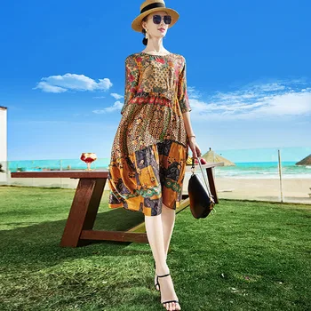 ZUOMAN Vintage Soltos Impressão Mulbery de Seda Vestido de Praia Verão 4XL Plus Size Casual Sundress Mulheres Elegantes Bodycon Vestidos de Festa