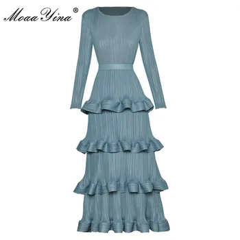 MoaaYina Designer de Moda de vestido de Outono das Mulheres Vestido de manga Longa com cinto de cintura Alta Babados Elasticidade, Fino Azul Vestidos