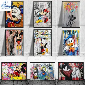 Rua Pinturas Graffiti de Minnie do Mickey de Abraçar Anime Cartaz de Decoração de Quarto Estampas de desenhos animados Imagem na Tela para a Decoração Home