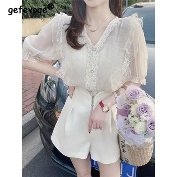 Blusas das Mulheres Elegantes Kawaii Sólido Rendas Babados de Lazer Fashion Estilo coreano Moderno de Todos-jogo de Vestuário Feminino Sweet Chic Camisas
