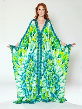 Chiffon Cobertura da Praia Ups 2022 Novo Peocock Verde Kaftans para as Mulheres Plus Size Maxi Vestidos de Túnica Veste trajes de Banho moda praia