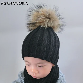 FURANDOWN 2019 Moda de Inverno, Chapéus Pretos Para Crianças de Algodão de Malha Bebê Caps 15cm de Peles Pompom Beanies Chapéus Para Crianças
