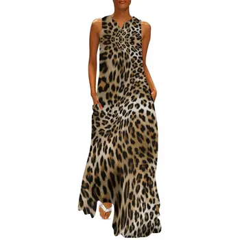 Pele De Animal Print Vestido De Verão Padrão De Leopardo Rua Estilo Casual, Vestidos Longos Feminino Partido Maxi Vestido Idéia De Presente