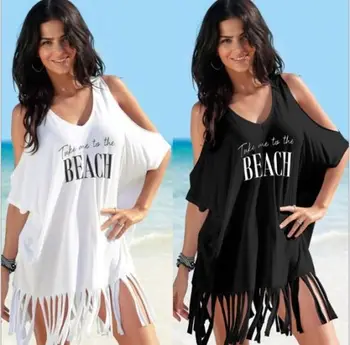 Verão, Praia, Biquini Cobrir As Mulheres De Branco Off Ombro Kafan Sarong Solta Tops Casual Franja Camisa Swimwear Moda Praia