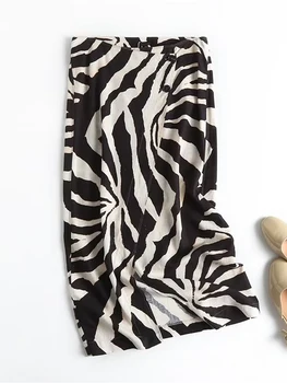 YENKYE 2022 Novas Mulheres Zebra Impressão de Linho Saia Vintage Cintura Alta Fêmea Sexy Fendas Envoltório Saias Midi