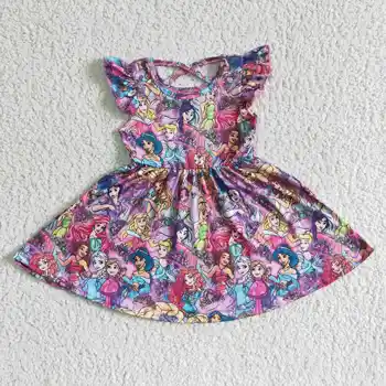 A criança de Meninas Princesa Vestido estampado Crianças Boutique de Atacado de Roupas Saias Crianças Flutter Mangas de Moda Espiralado vestidos