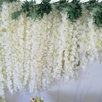 20Pcs atacado Branco Wisteria de vime com folhas pendurado na Parede falso flores guirlanda floral pano de fundo vinha festa de casamento decoração
