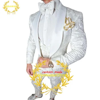 Jacquard Terno De Casamento Smoking Masculino 3 Peça Formal De Negócios, Blazer, Calças De Colete Vestido De Festa Homme Jaqueta Conjunto