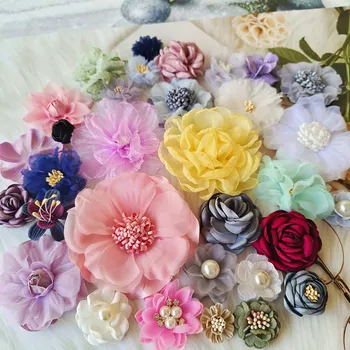 10PCS Chiffon de Gaze de Flores Artificiais de Tecido de Seda Flor na Cabeça Acessórios de Cabelo de DIY Flores do Vestido de Casamento Decoração