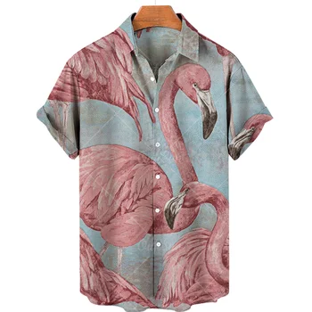 2022 Camisetas de Verão Para os Homens, Camisas Havaianas 3d Animal de cor-de-Rosa Flamingo Impressão de Manga Curta de grandes dimensões Harajuku Praia de Flores Blusas
