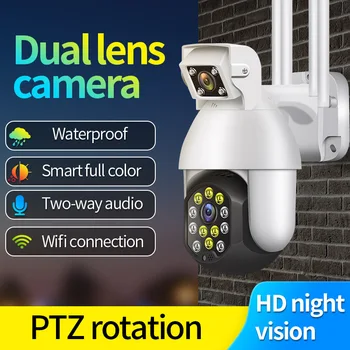 1080P Dual Lens IP WIFI sem Fio CFTV Câmera de Segurança de 2 Vias de Áudio, Auto Pista ao ar livre Impermeável de Cor e Visão Nocturna Câmera PTZ