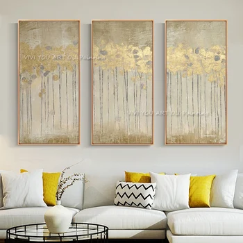 3 Painéis tamanho Grande barato, Pintados à Mão, arte de Parede Imagem Abstrata de folhas de ouro paisagem para a sala de decoração de casa não enquadrado