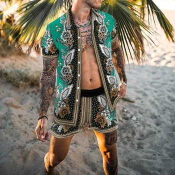 Homens Havaiano Terno de Impressão de Verão 2021 Manga Curta com Botão Baixo Camisa Calções de Praia Rua Casual Homens de Terno de 2 peças de Férias Terno