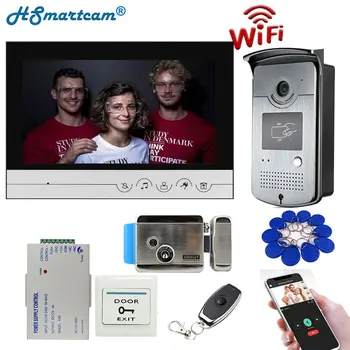 9 polegadas, WIFI, Telefone Video da Porta de Intercomunicação Sistema de Entrada de 1 Monitor + 1 RFID Câmera ao ar livre + Trava Elétrica APLICATIVO de Telefone Desbloqueio