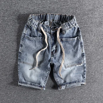 Novas Ferramentas Bolsos Grandes Lavadas Japonês Retro Homens Shorts Jeans Slim Moda de Verão da Juventude de Cordão Calças de 5 pontos, Calças