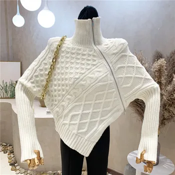Novo em Roupa de Mulher 2022 Outono Inverno Design Sentido Irregular Zíper Camisola de Malha Camisa de tração Superior de Femme 