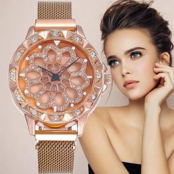 Moda de Luxo, Mulheres relógio de Strass, fita Magnética Senhoras Quartzo relógio de Pulso de Malha Ímã de Giro de 360 Graus de Discagem Mujer Relojes