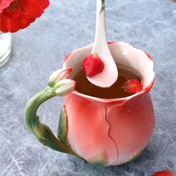 Colher De Presente! 3D Rosa Flor de Cerâmica, Canecas de Café Criativas de Estilo Europeu Esmalte Xícaras Pastoral 4 Cores-Almoço Leite Xícaras de Chá
