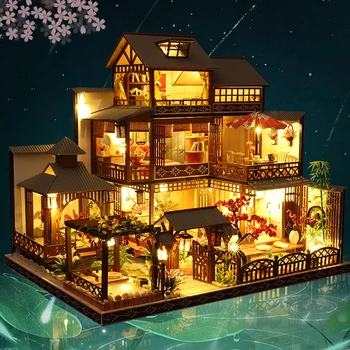 Japonês Simulado Villa DIY Kit de Casa de bonecas de Estilo Chinês, Arquitetura DIY Móveis em Miniatura Modelo de Decoração de Casa de Brinquedos Presentes