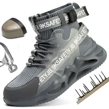 Novo Macho Sapatos de Trabalho Anti-punctura Sapatos de Segurança Homens Botas Indestrutível Sapatos Anti-quebra Meias de Trabalho Tênis da Moda Vermelha Cinza 48