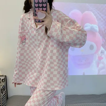 Sanrio Kawaii Pijama Kuromi Minha Melodia Pompom Purin Bonito Dos Desenhos Animados Do Algodão Das Senhoras Solta De Mangas Compridas Pijama Conjunto De Meninas Para Casa Desgaste