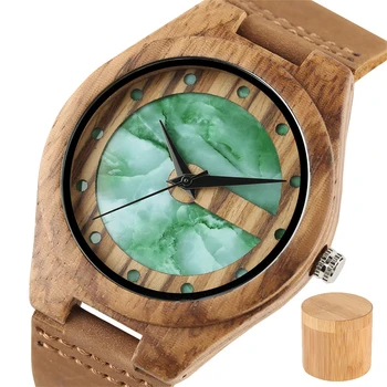 Mármore/Verde Jade Pontos de Exibição de Quartzo de Madeira relógio de Pulso dos Homens de Couro Genuíno de Madeira Natural, Relógio com Caixa de Bambu Natural