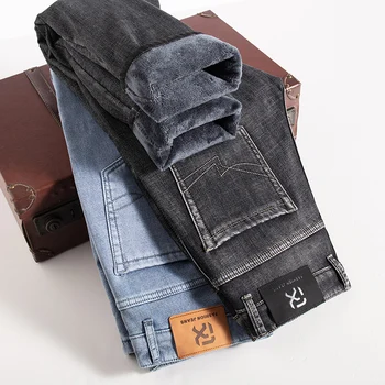 Inverno Quente Homens de Lã Moda Jeans Cinza 2022 Novo Anti-roubo de Design com Zíper Trecho Regular Fit Jeans Calças Masculinas da Marca Calças